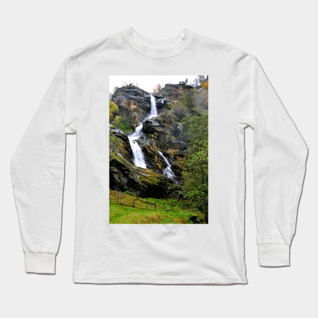 Waterfall Flamsdalen Valley Flam Norway Long Sleeve T-Shirt by AndyEvansPhotos